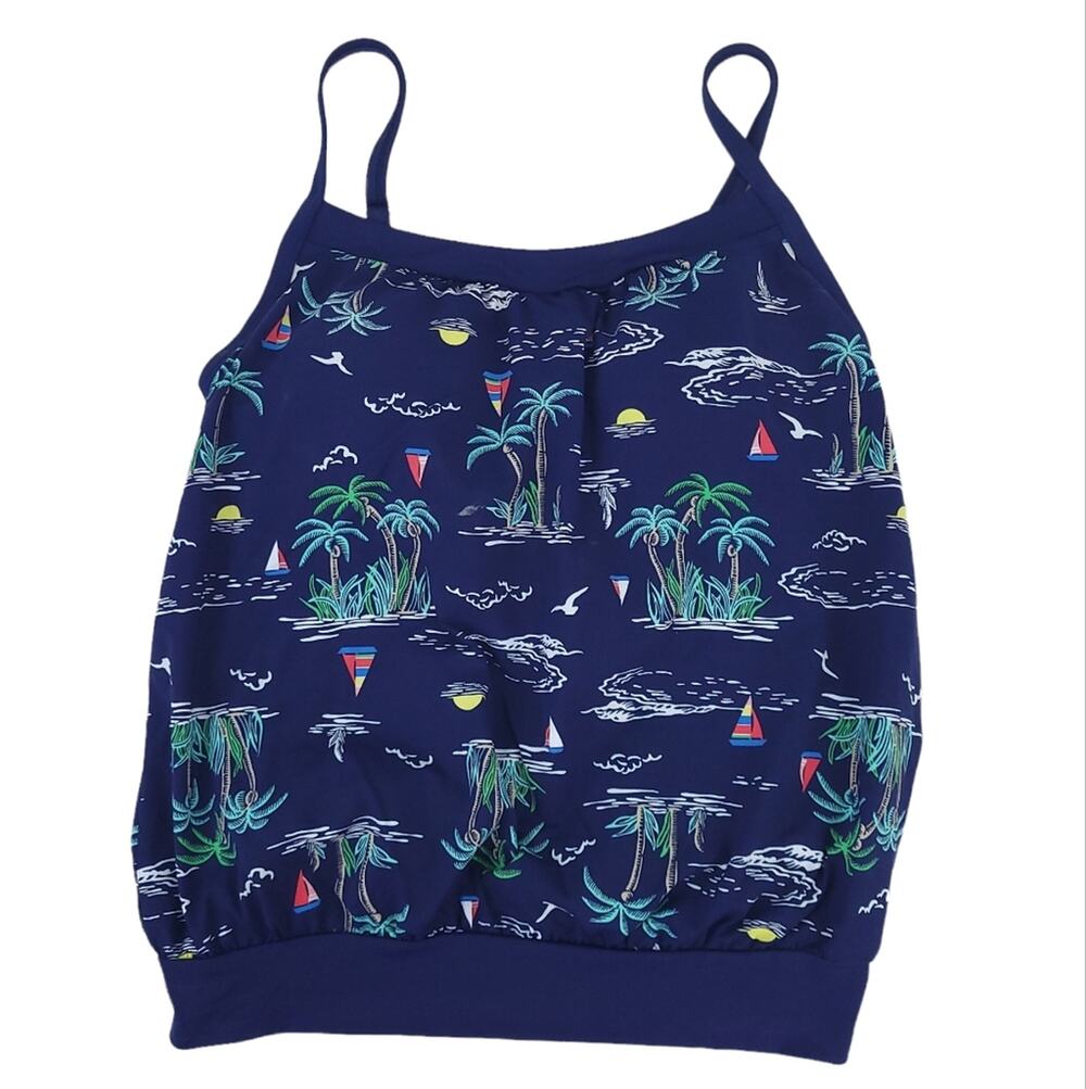 Lands End Tankini Swimsuit Topo Size 8 Navy Blue Palm Trees Vacation Resortwear